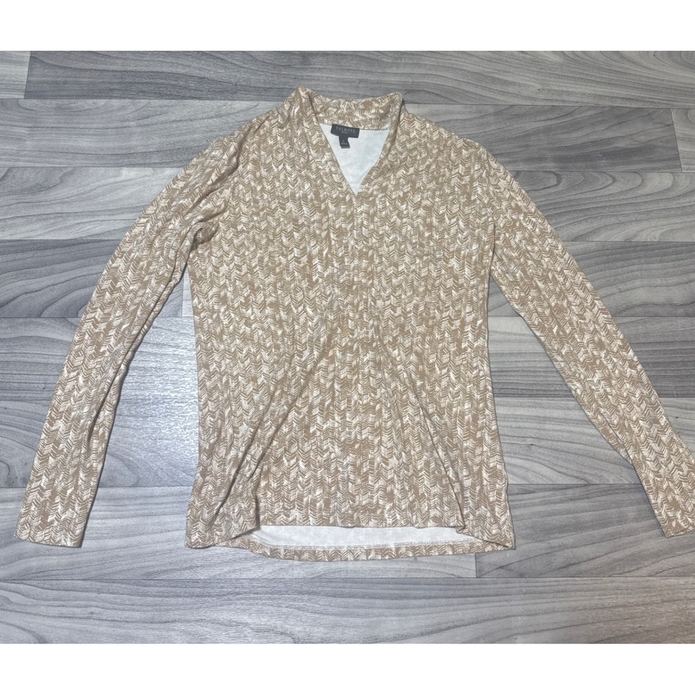 Talbots Petites Tan White Chevron Print Long Sleeve Split V-Neck Top Size Petite